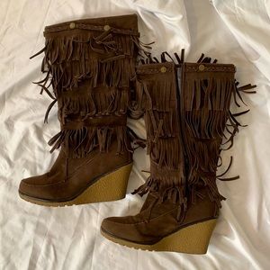 Fringe knee high Wedge boots
